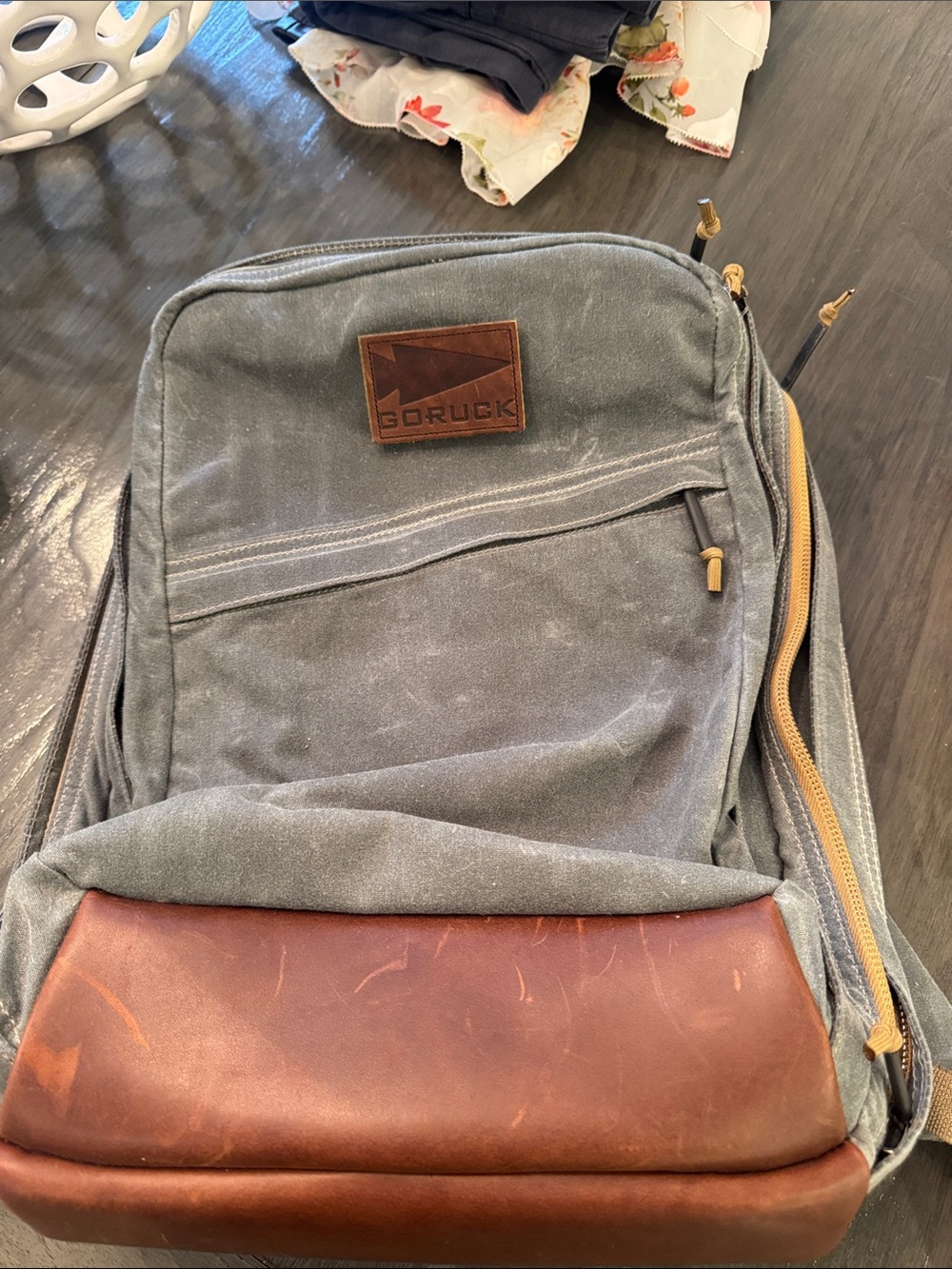 GORUCK Men's Gray Canvas Backpack with Brown Leather Base